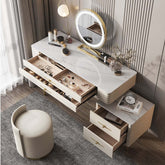 Makeup vanity set with slate top, LED mirror, drawer, and matching chair for bedroom